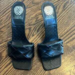 Vince Camuto Black Leather Mules with Woven Design